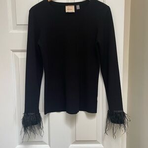 Elie Tahari Black Embellished Fitted Top with Feather Trim